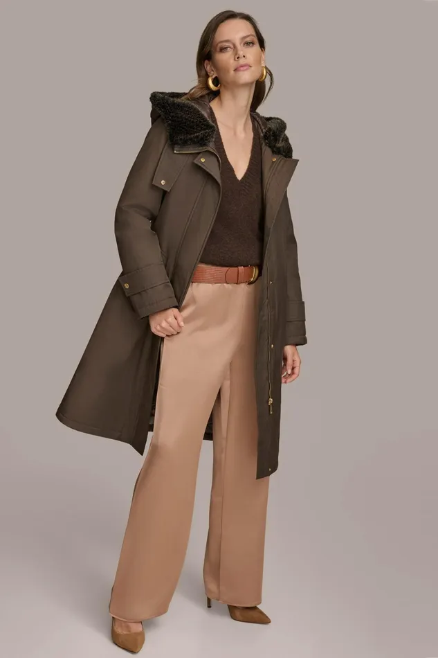 Women Coats And Jackets Donna Karan FAUX FUR TRIM LINED RAIN COAT Brown
