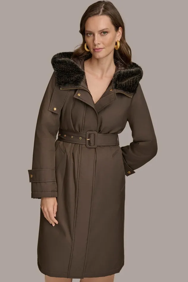 Women Coats And Jackets Donna Karan FAUX FUR TRIM LINED RAIN COAT Brown