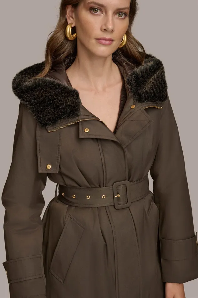Women Coats And Jackets Donna Karan FAUX FUR TRIM LINED RAIN COAT Brown