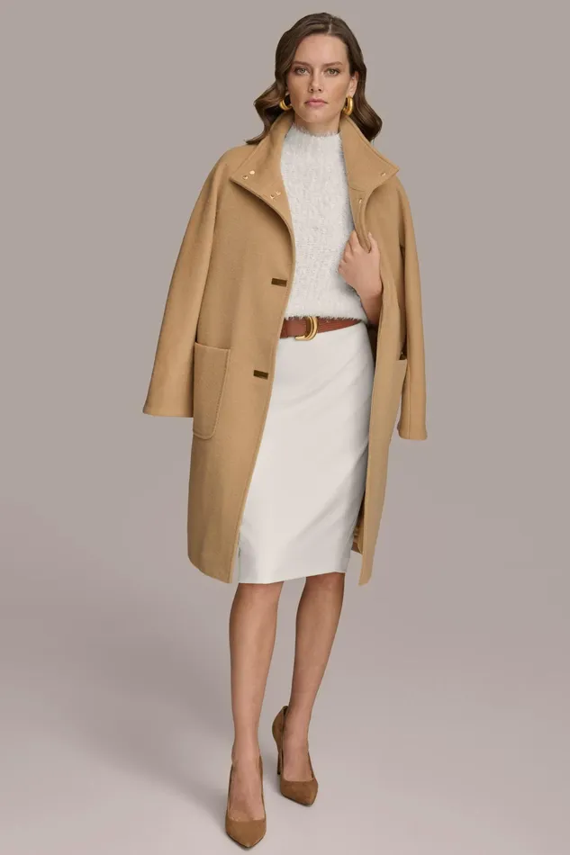 Women Coats And Jackets Donna Karan FUNNEL NECK COAT Camel