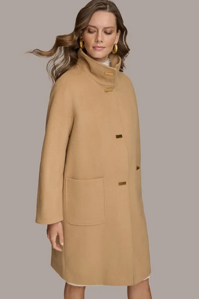 Women Coats And Jackets Donna Karan FUNNEL NECK COAT Camel