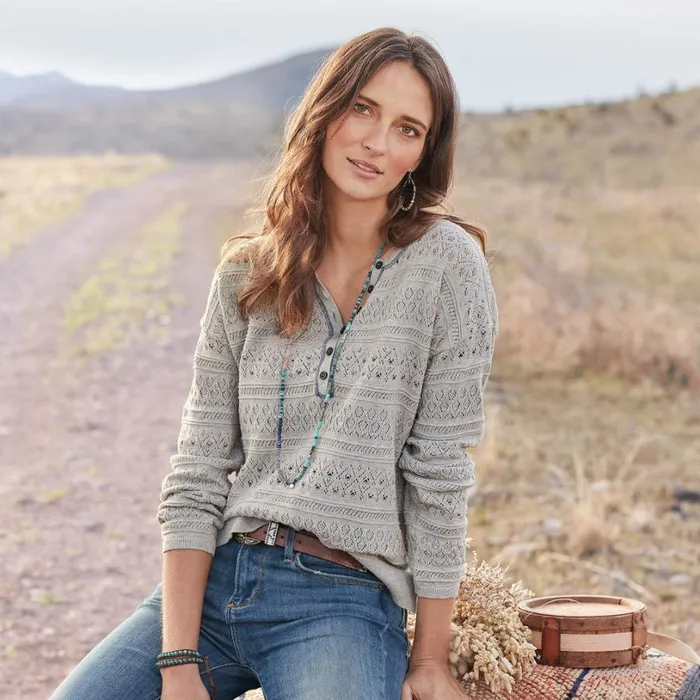 Women Devon Sweater Henley Heather Gray Sundance Catalog Sweaters