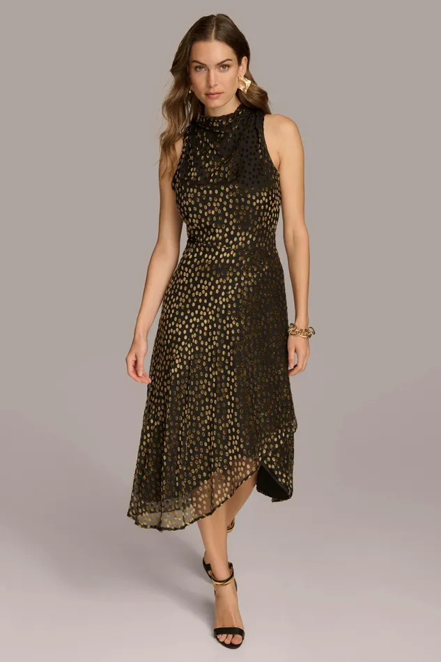 Women Dresses And Jumpsuits Donna Karan HIGH COWL NECK DRESS Blackgold Multi
