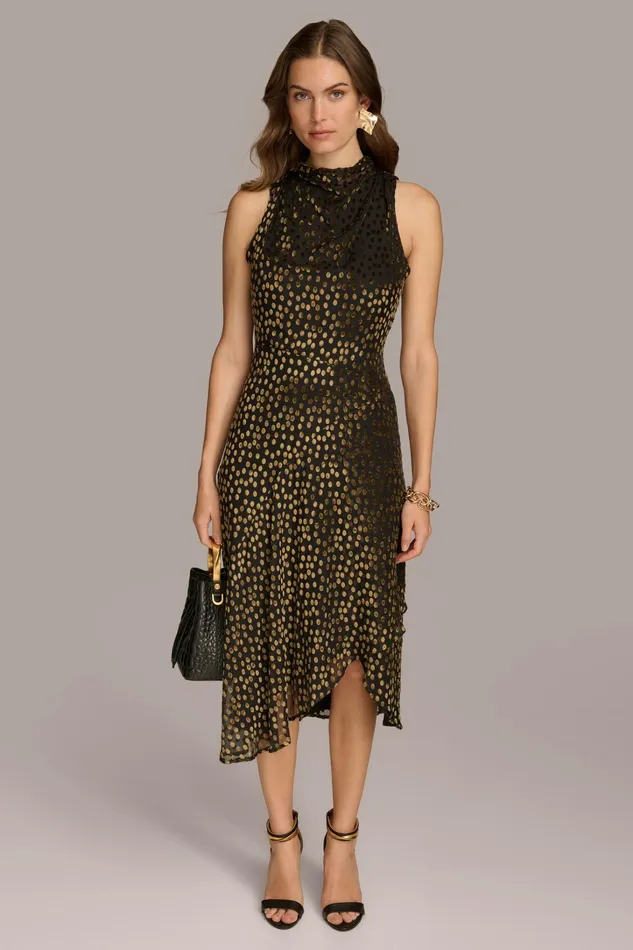 Women Dresses And Jumpsuits Donna Karan HIGH COWL NECK DRESS Blackgold Multi