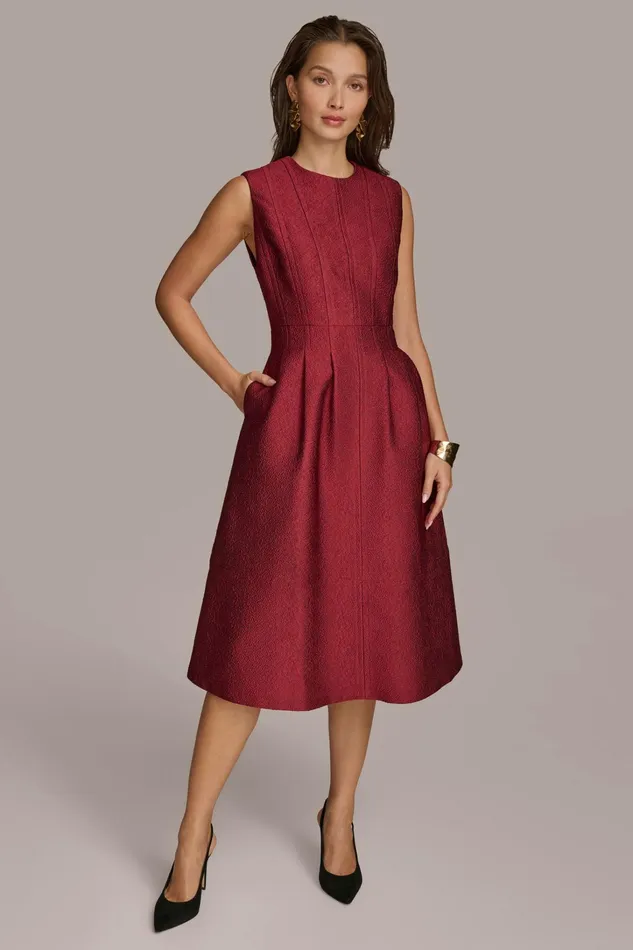 Women Dresses And Jumpsuits Donna Karan PEBBLE JACQUARD FIT AND FLARE DRESS Cabernet