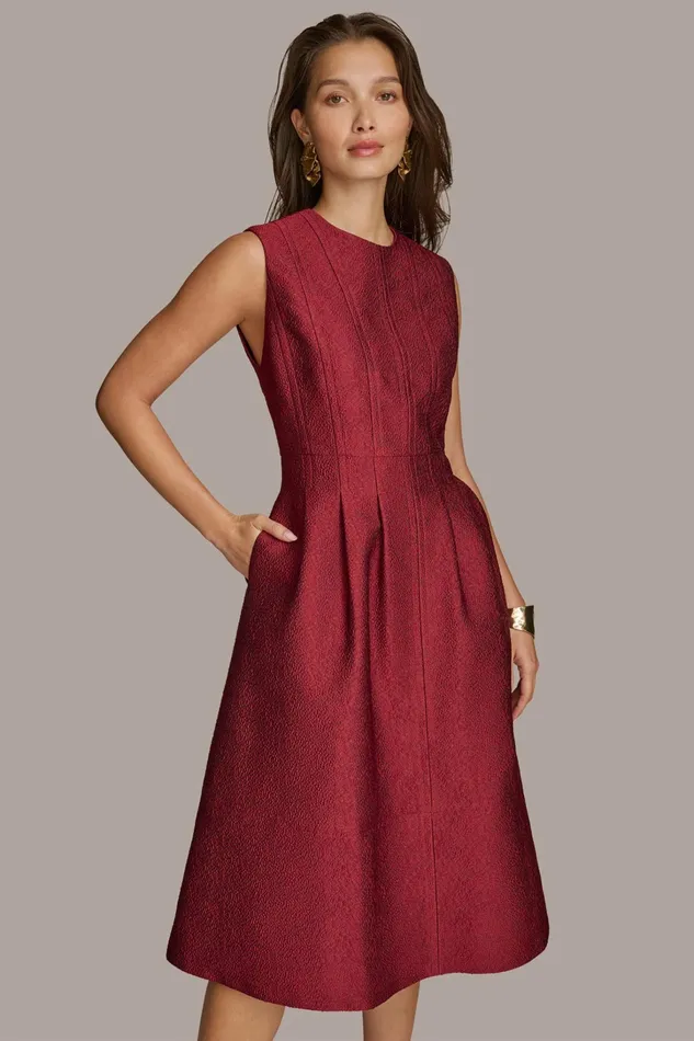 Women Dresses And Jumpsuits Donna Karan PEBBLE JACQUARD FIT AND FLARE DRESS Cabernet