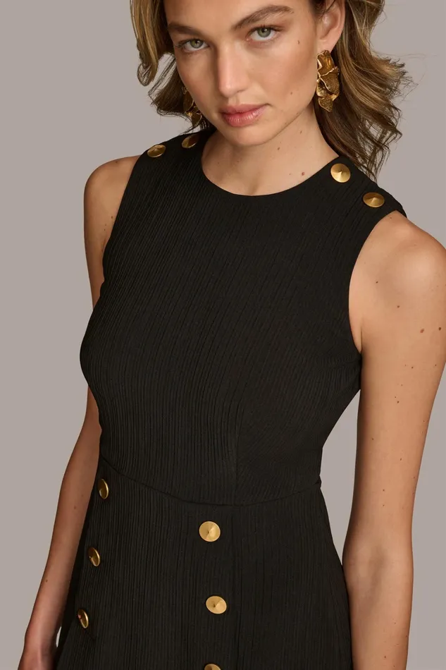 Women Dresses And Jumpsuits Donna Karan RIBBED DRESS WITH BUTTONS Black