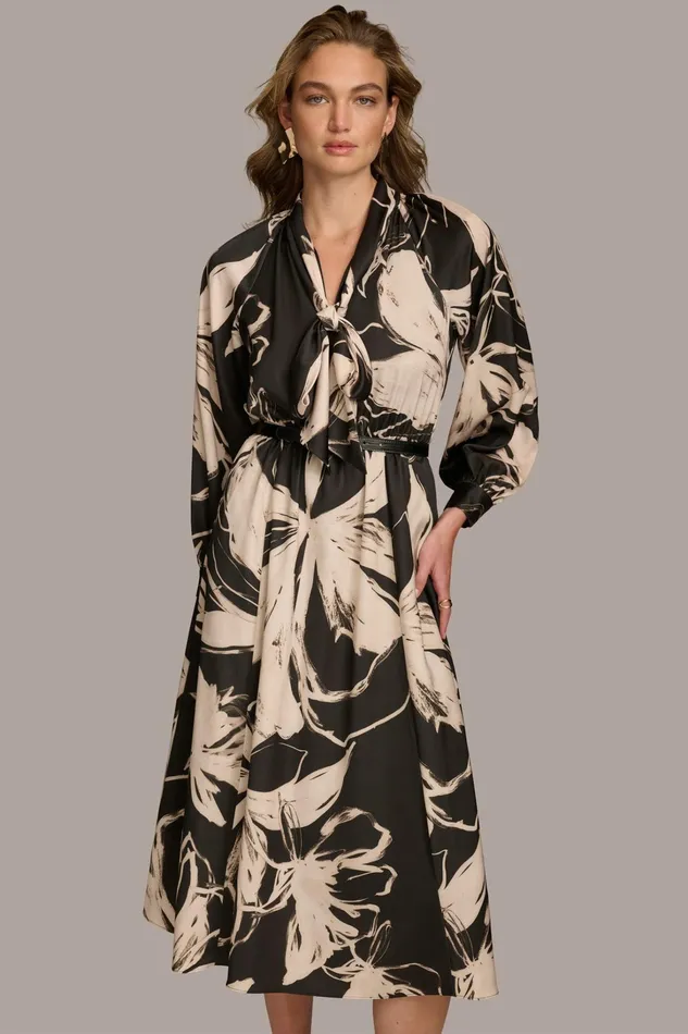 Women Dresses And Jumpsuits Donna Karan TIE NECK PRINTED MAXI DRESS Black
