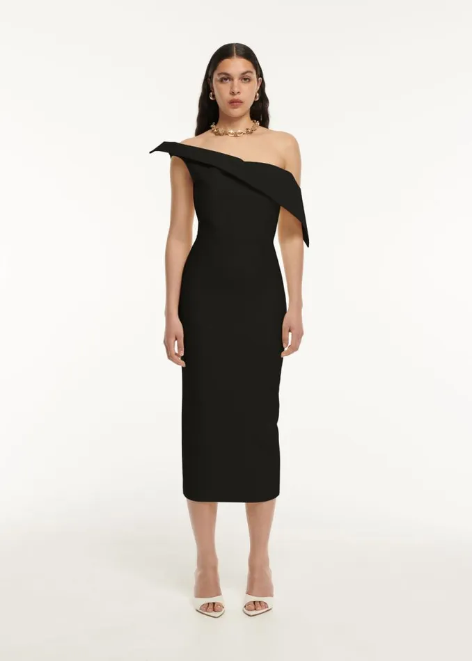 Women Dresses Roland Mouret Asymmetric Drape Wool Silk Midi Dress