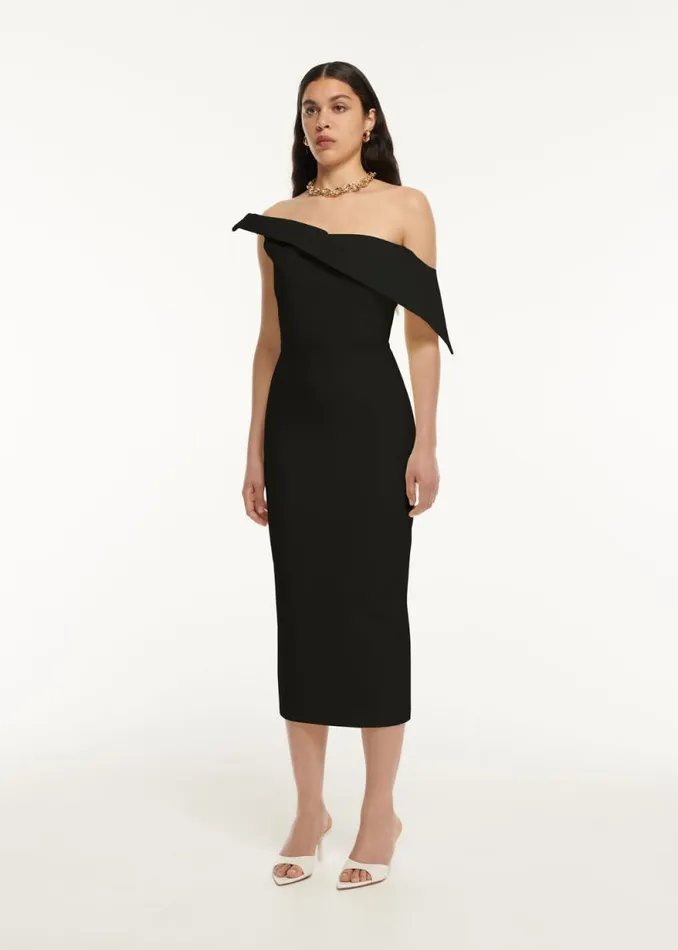Women Dresses Roland Mouret Asymmetric Drape Wool Silk Midi Dress