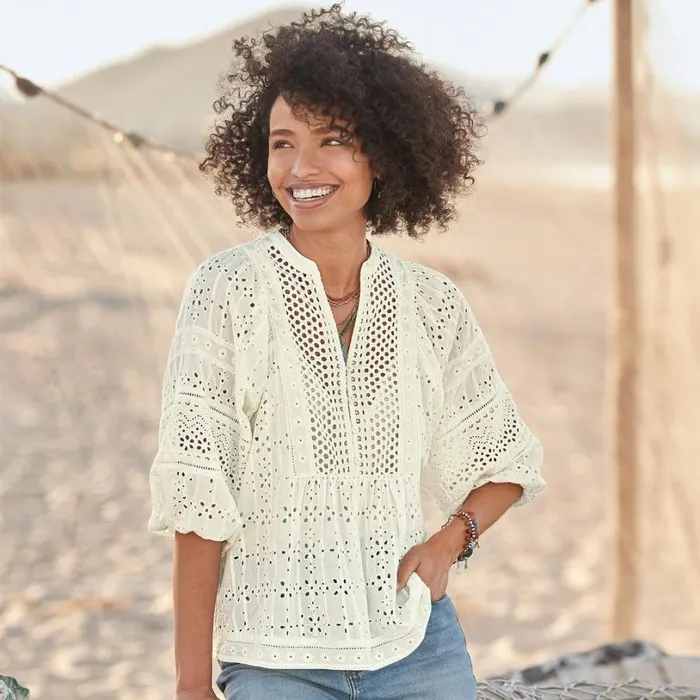 Women Eyelet Symphony Top Teal Sundance Catalog Tops