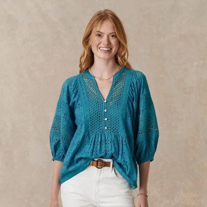 Women Eyelet Symphony Top Teal Sundance Catalog Tops Women Eyelet Symphony Top Teal Sundance Catalog Tops