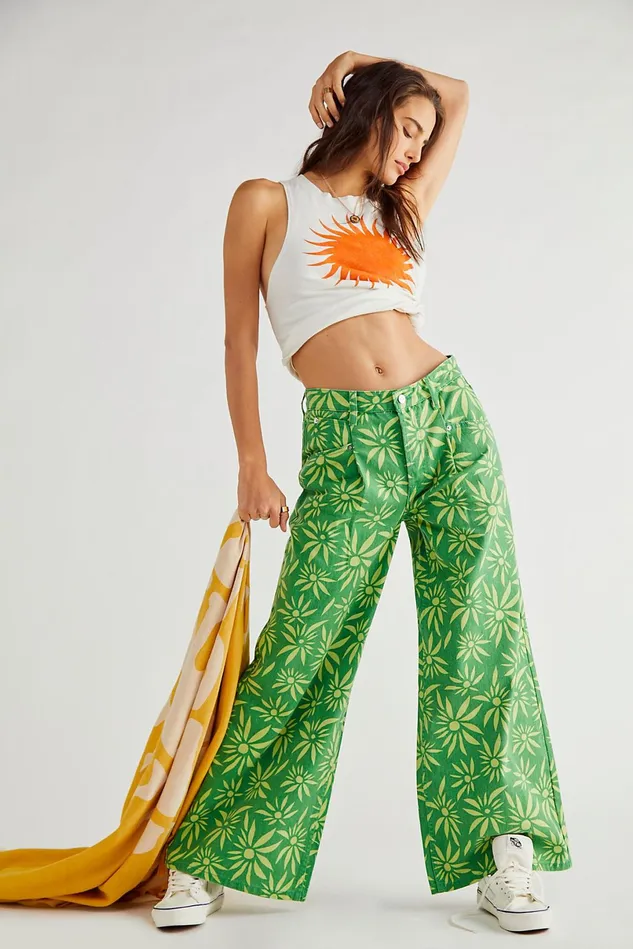 Women Jeans Free People Oversized Slouchy Printed Jeans Lime Combo