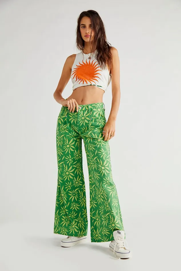 Women Jeans Free People Oversized Slouchy Printed Jeans Lime Combo