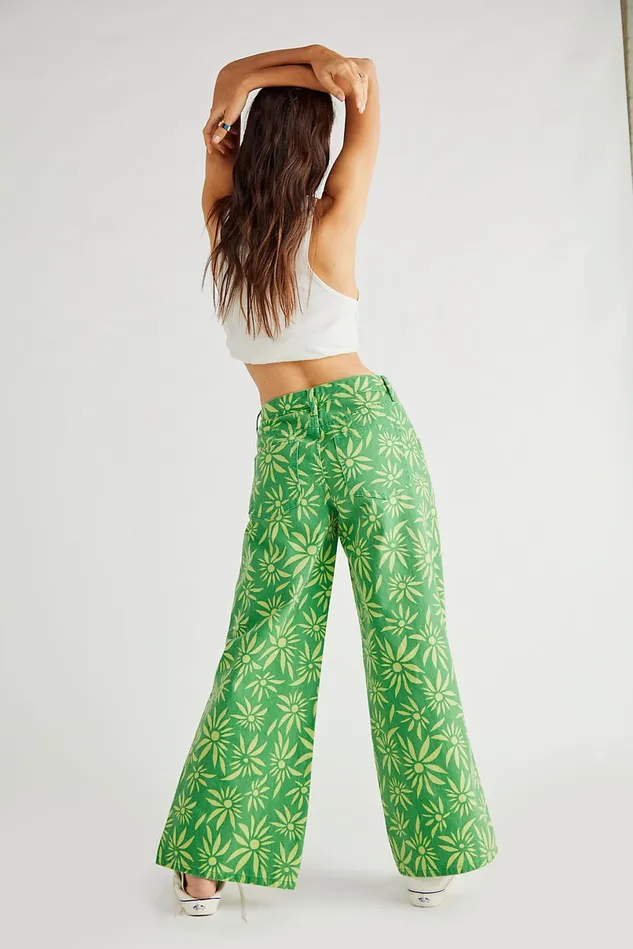 Women Jeans Free People Oversized Slouchy Printed Jeans Lime Combo