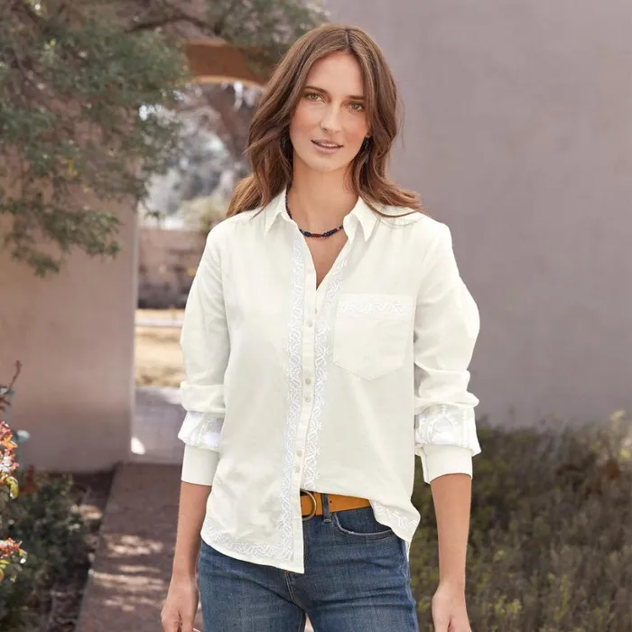 Women Karla Embroidered Shirt Caviar Sundance Catalog Tops