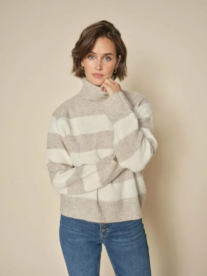 Women Knits MOS MOSH MMAidy Thora Stripe Rollneck Knit Feather Gray