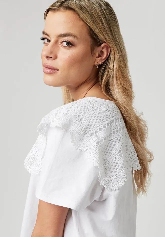 Women Lace Collar Adrienne Tee White Buffalo David Bitton Tops and Tees