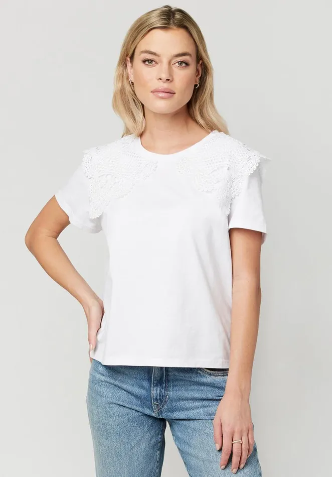 Women Lace Collar Adrienne Tee White Buffalo David Bitton Tops and Tees