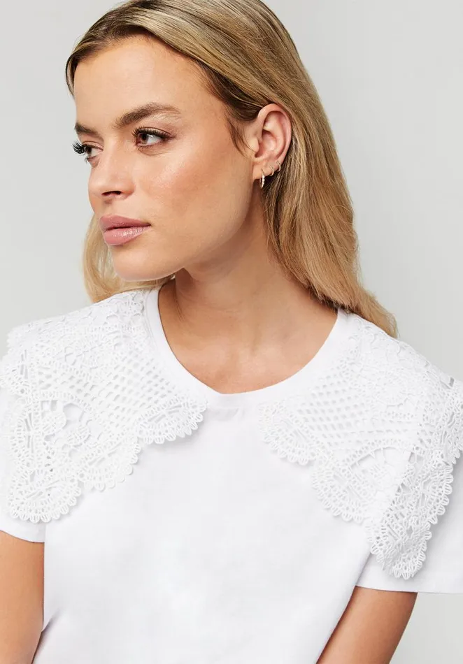 Women Lace Collar Adrienne Tee White Buffalo David Bitton Tops and Tees