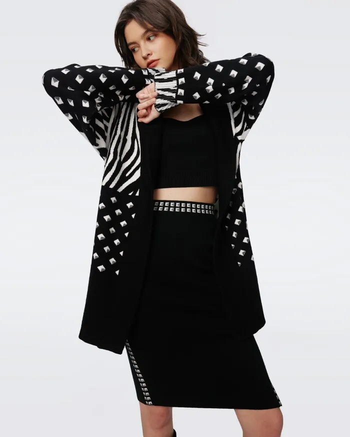Women Lee Knit Jacquard Cardigan Zebra Ivory And Cube Dot DVF Sweaters and Knits
