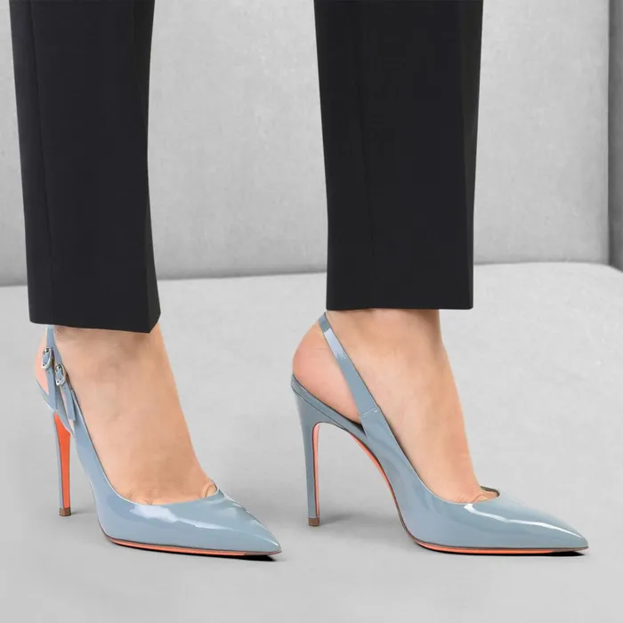 Women Light Blue Patent Leather HighHeel Slingback Santoni Pumps and Heels