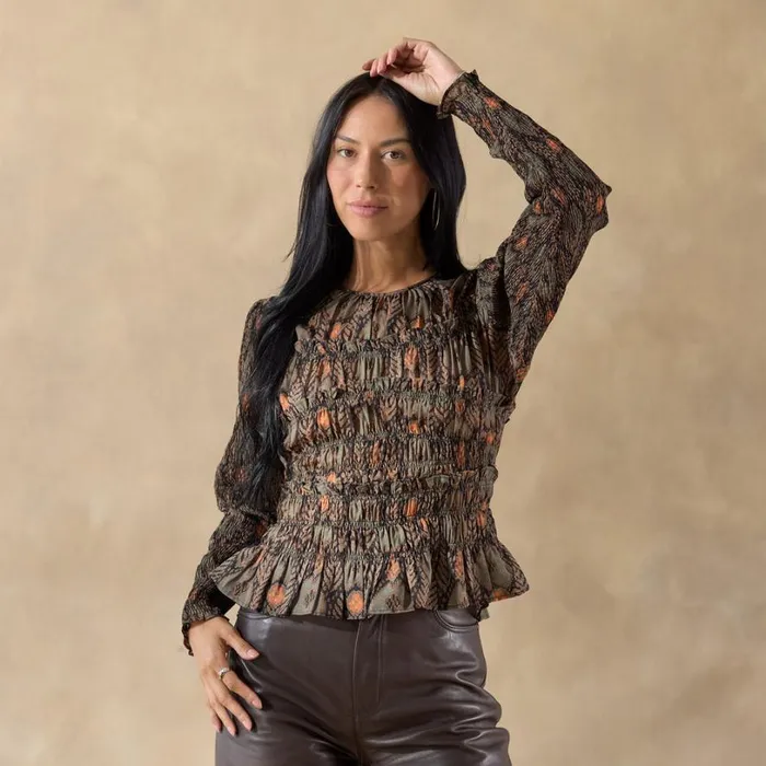 Women Mani Blouse Floral Brown Sundance Catalog Tops