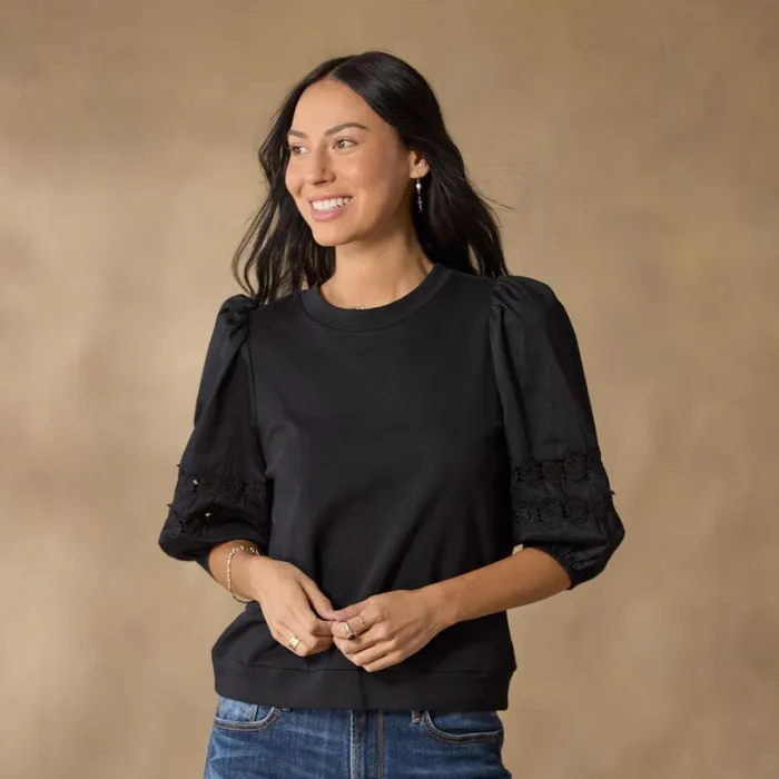 Women Melanie Mixed Media Sweatshirt Black Sundance Catalog Tops
