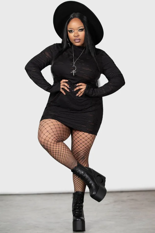 Women Mini Killstar Sinners Glimmer Long Sleeve Dress