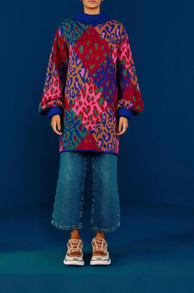 Women Mixed Leopard Pop Sweater Dress Multi FARM Rio Sweaters and Sweatshirts