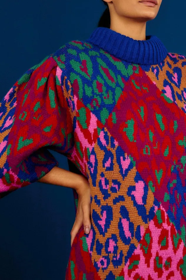 Women Mixed Leopard Pop Sweater Dress Multi FARM Rio Sweaters and Sweatshirts