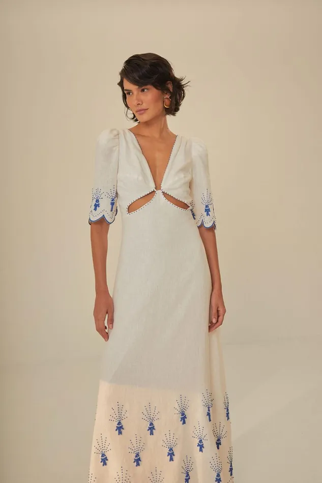 Women OffWhite Sea Of Fish Embroidered Midi Dress Sea Of Fish Offwhite FARM Rio Midi Dresses