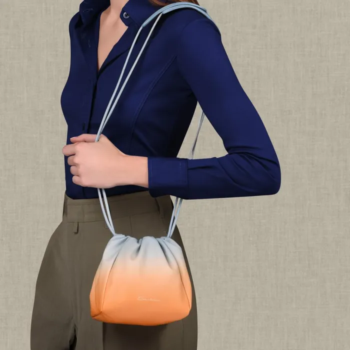 Women Orange And Light Blue Leather Bucket Bag Santoni Bags