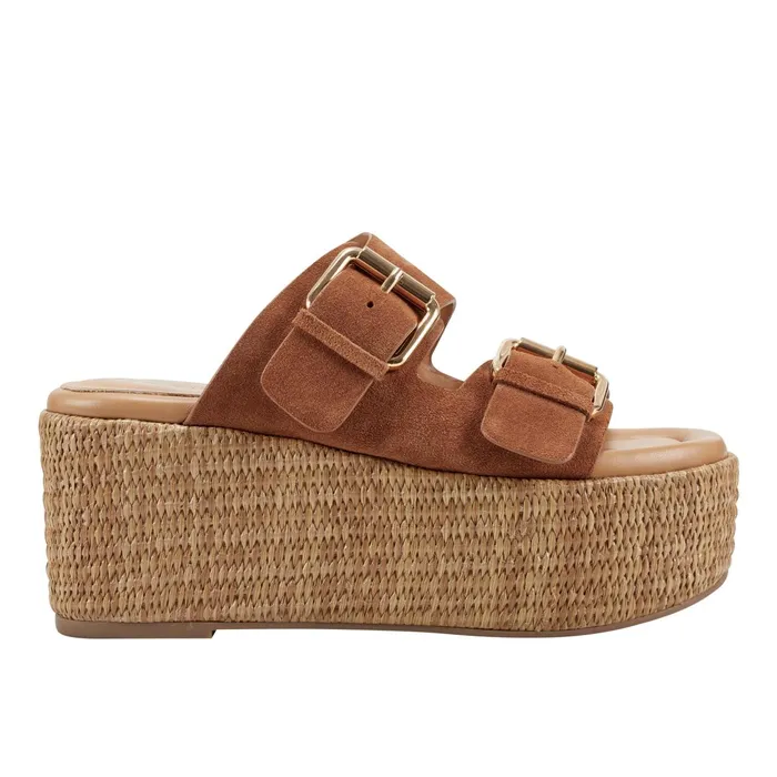 Women Palery Platform Buckle Slide Sandal Brown Leather Marc Fisher Sandals