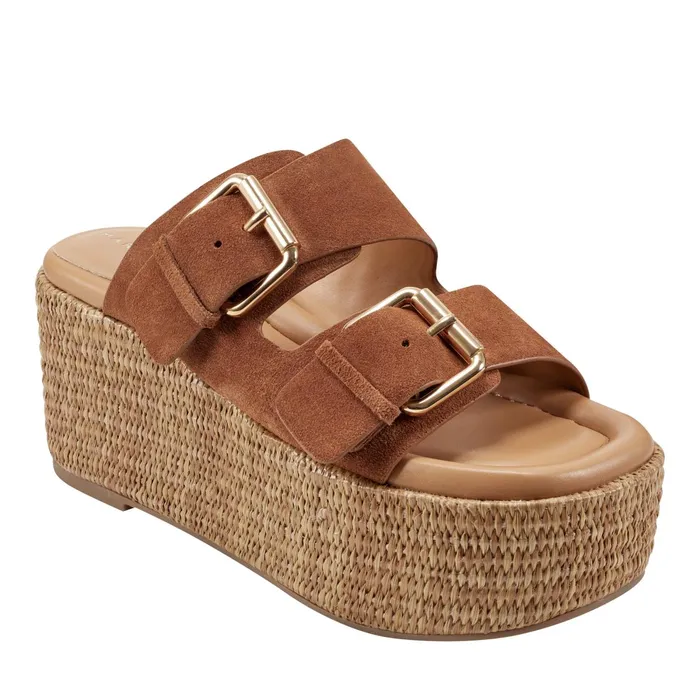 Women Palery Platform Buckle Slide Sandal Brown Leather Marc Fisher Sandals