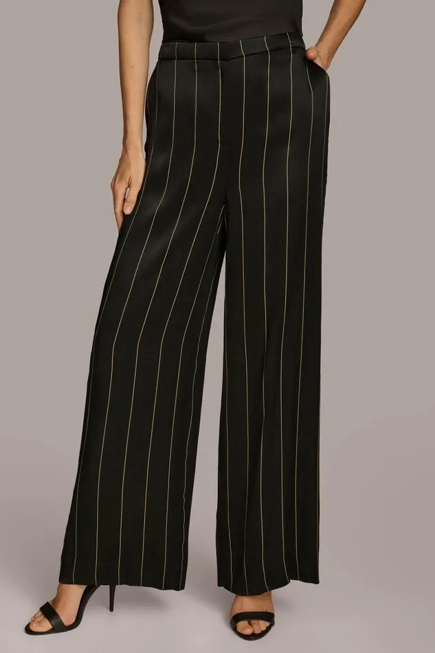 Women Pants Donna Karan WIDE LEG PINSTRIPE PANT Black