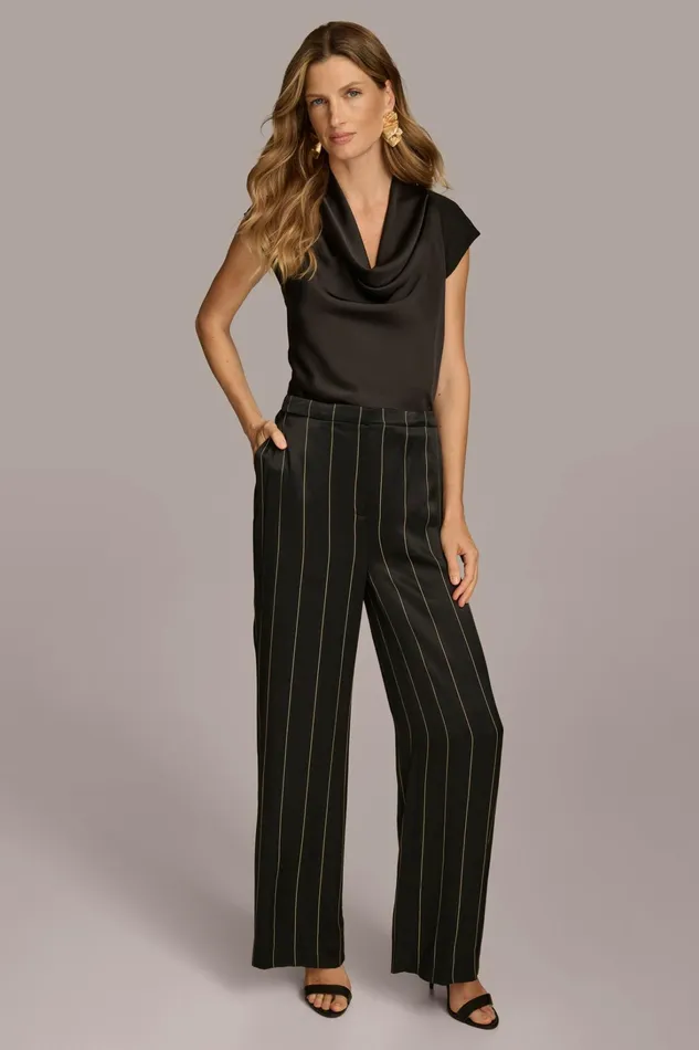 Women Pants Donna Karan WIDE LEG PINSTRIPE PANT Black