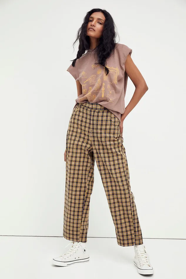 Women Pants Free People Joey Menswear Trousers Mustard Plaid