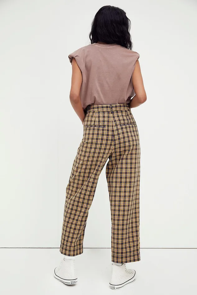 Women Pants Free People Joey Menswear Trousers Mustard Plaid
