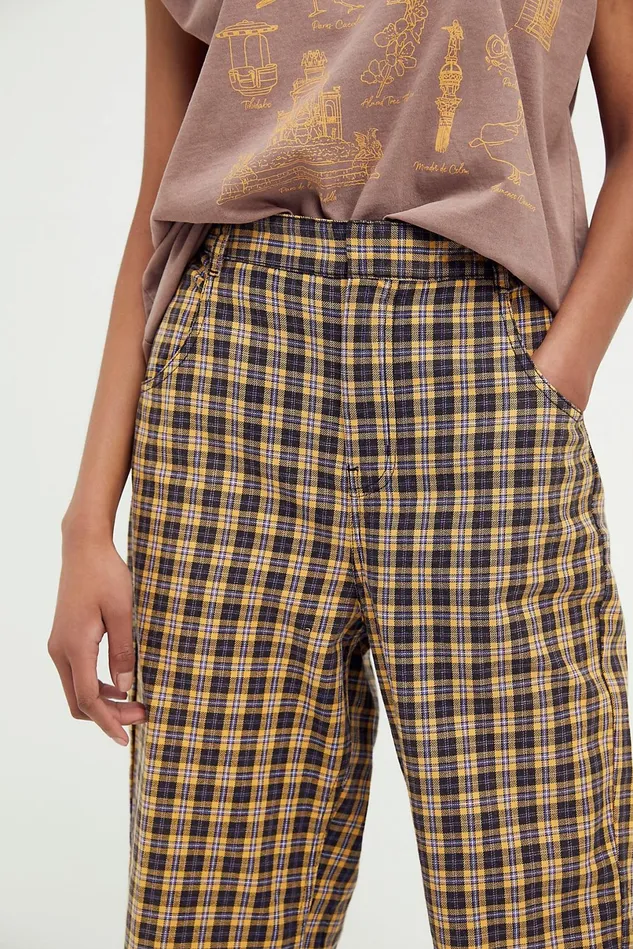 Women Pants Free People Joey Menswear Trousers Mustard Plaid