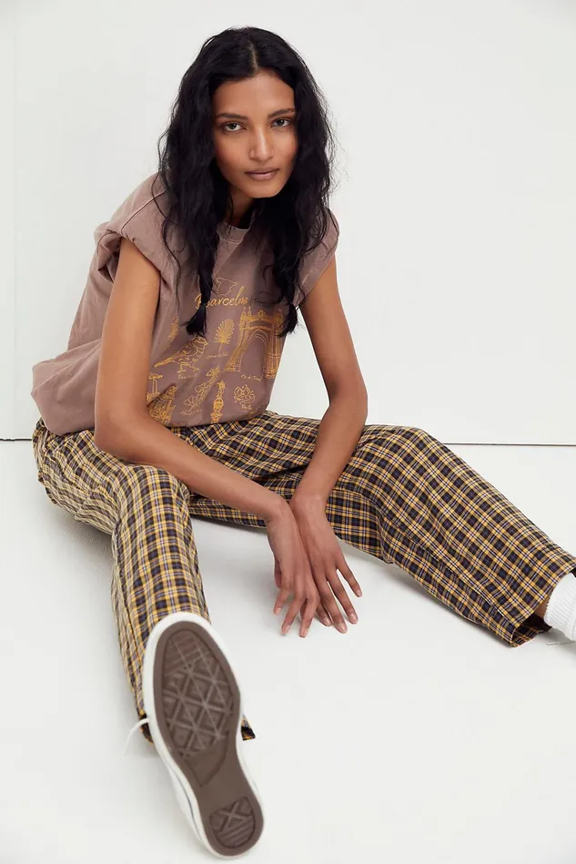 Women Pants Free People Joey Menswear Trousers Mustard Plaid