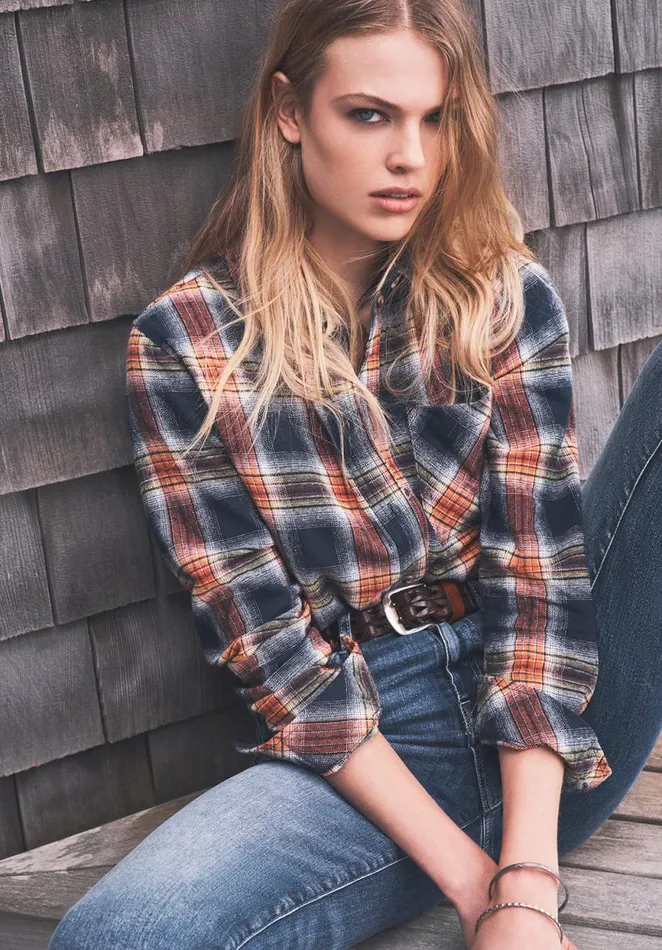 Women Percy Navy Orange Plaid Women039s Button Down Shirt Navy Org Plaid Buffalo David Bitton Sweaters