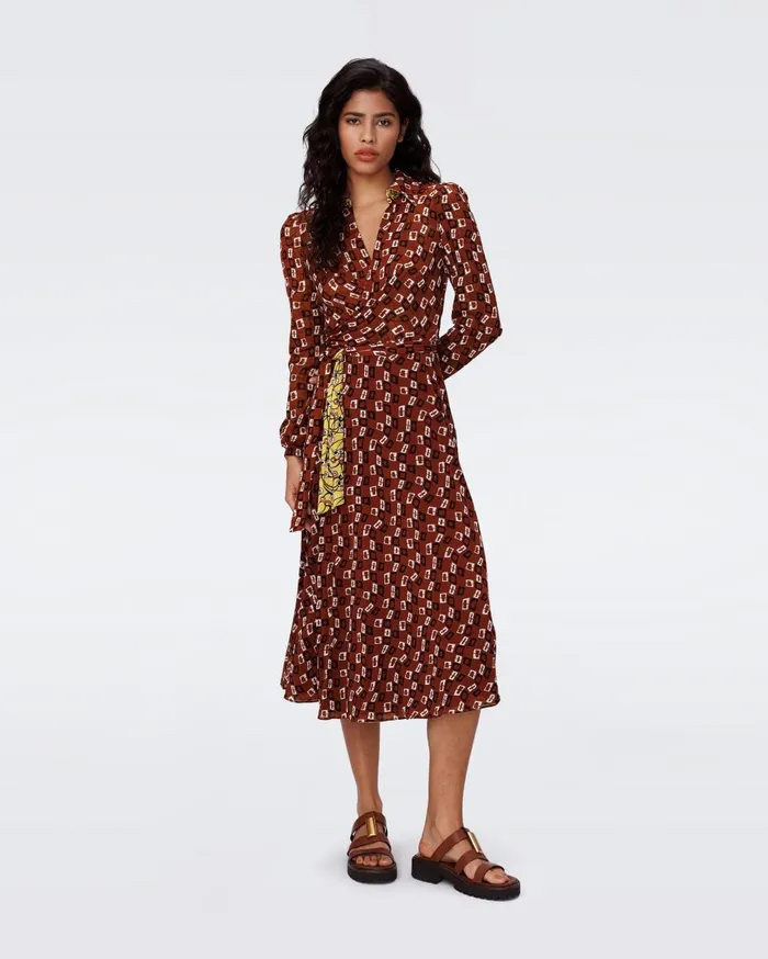 Women Phoenix Reversible Mesh Wrap Dress Olive Swirl Yellow And Tiny Chain Spots Brown DVF Dresses