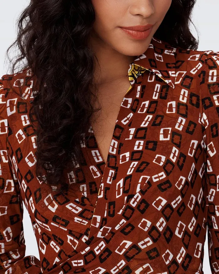 Women Phoenix Reversible Mesh Wrap Dress Olive Swirl Yellow And Tiny Chain Spots Brown DVF Dresses