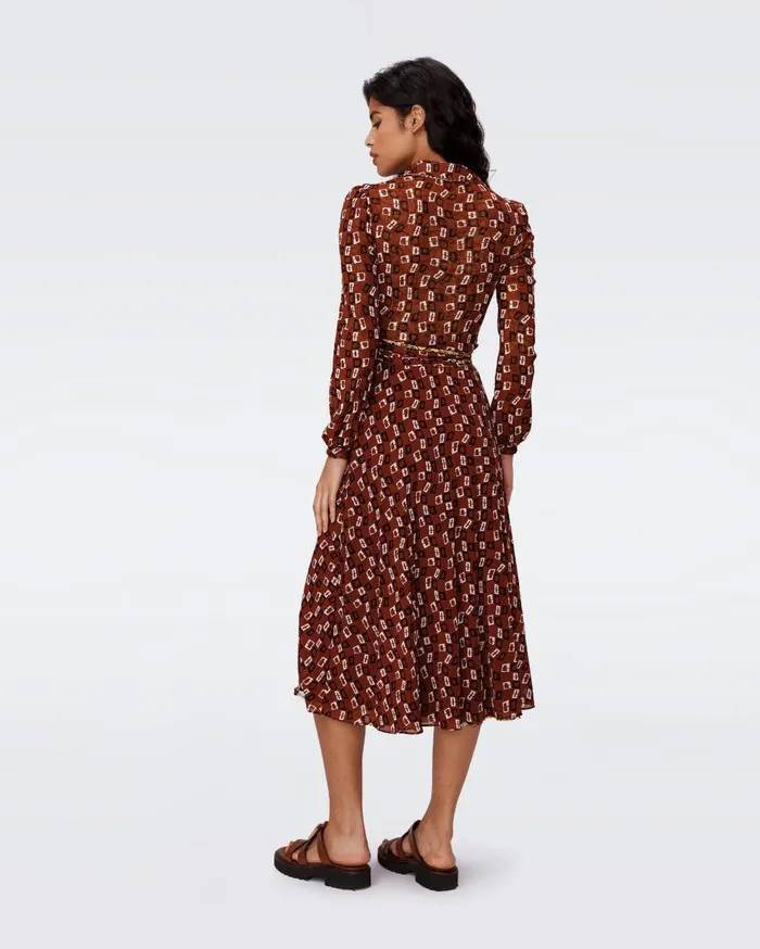 Women Phoenix Reversible Mesh Wrap Dress Olive Swirl Yellow And Tiny Chain Spots Brown DVF Dresses