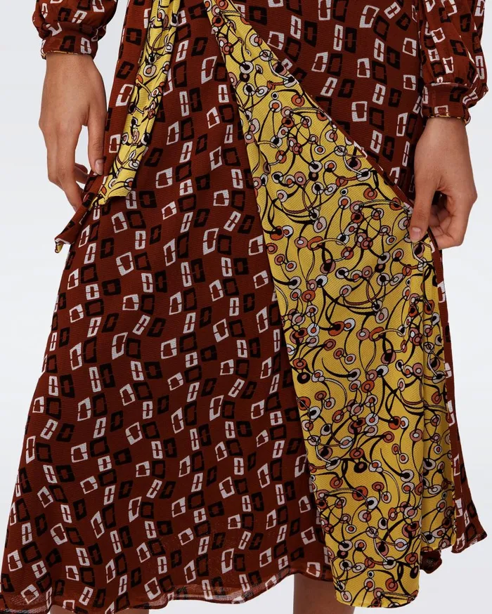 Women Phoenix Reversible Mesh Wrap Dress Olive Swirl Yellow And Tiny Chain Spots Brown DVF Dresses