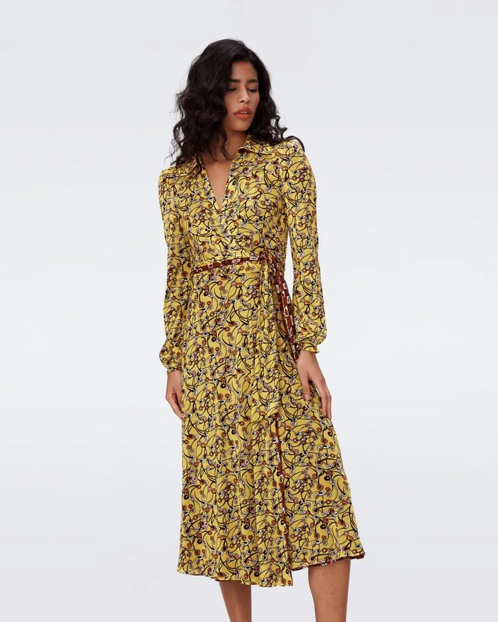 Women Phoenix Reversible Mesh Wrap Dress Olive Swirl Yellow And Tiny Chain Spots Brown DVF Dresses