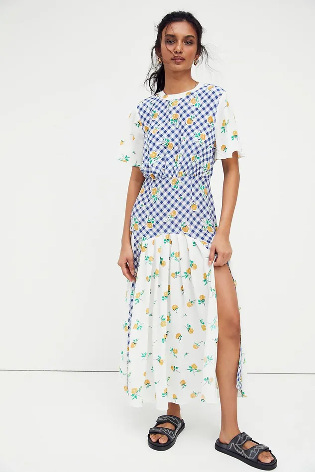 Women Printed Dresses Free People Jennifer Midi Dress Gingham Rose Navy Cream