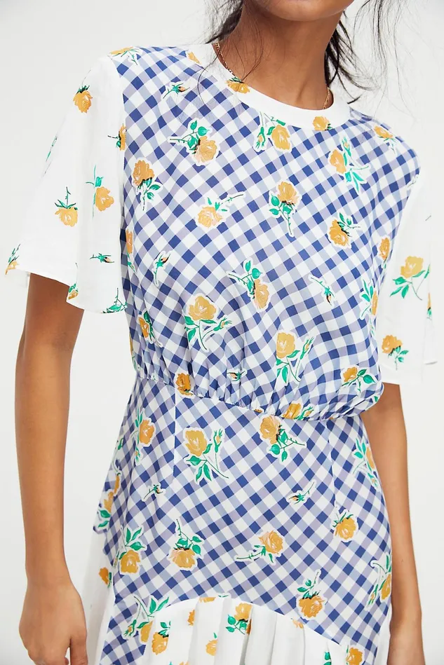 Women Printed Dresses Free People Jennifer Midi Dress Gingham Rose Navy Cream