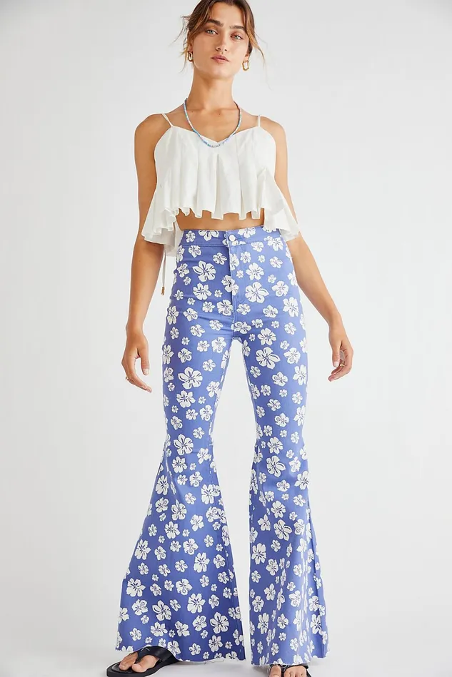Women Printed Jeans Free People Just Float On Printed Flare Jeans Blue Hawaii Combo